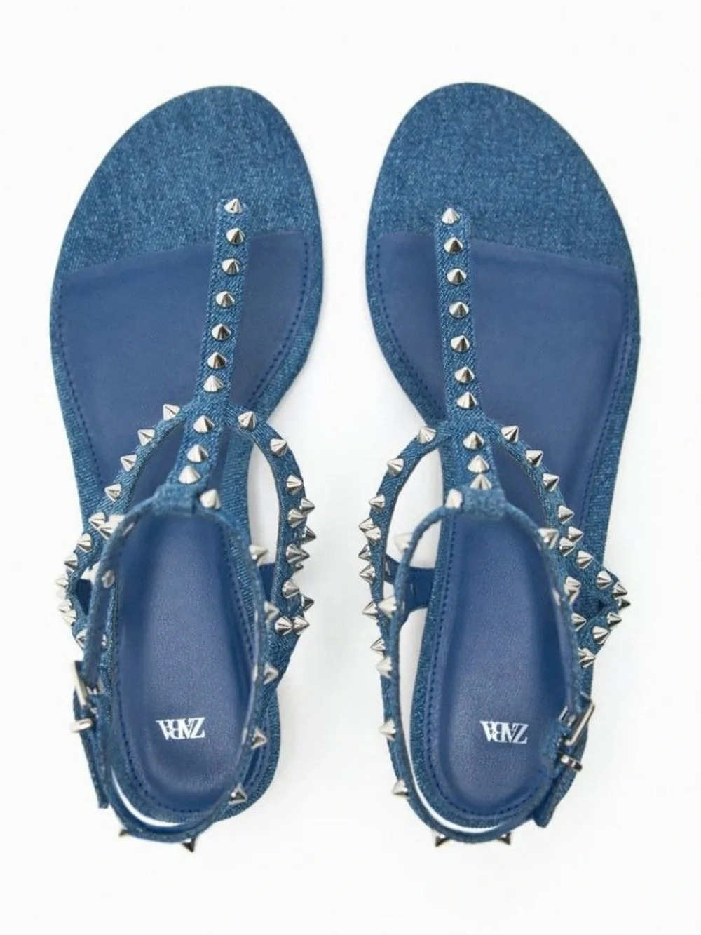 Zara Denim gladiator Studded T-Strap Sandals Blue denim silver flats strappy 40